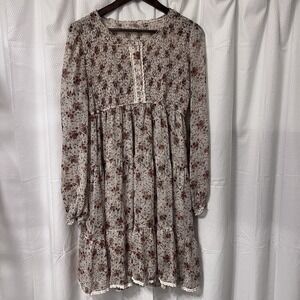 POL Dress Bohemian Smocked Button Ivory Floral Peasant Feminine L Lace Cottage